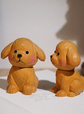 黄色小土狗手工木雕小摆件可爱动物工位书房家居电视柜桌面装饰品