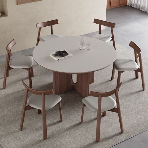 意式岩板餐桌圆形2025新款胡桃木色小户型中古风白色岩板餐桌圆桌 - 图3