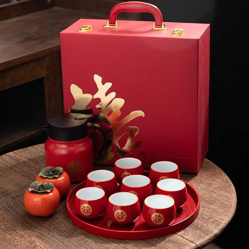 Wedding tea cup, newlywed household Chinese-style ceramic tea set, wedding dowry, high-end national style wedding box, pair of cups