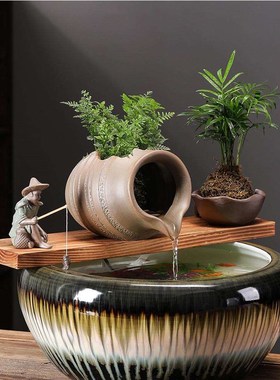 生态鱼缸古法养鱼流水过滤器陶罐中式庭院造景装饰出水口配件创意