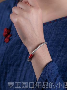 高档大善堂纯银心手镯女实开口心足银本命年红艺绳好运镯子复经古