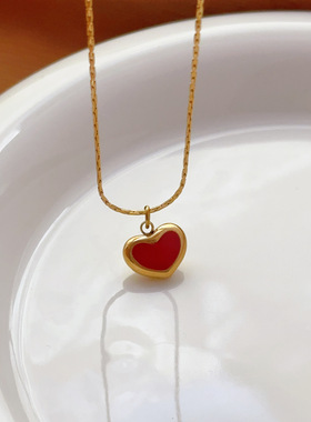 晚睡的桔梗「复兴恋诗」日韩红色爱心吊坠钛钢项链双面桃心锁骨链