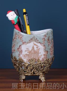高档式复古欧陶瓷笔筒彩绘办公室书房桌面居纳盒子家装饰工艺品摆