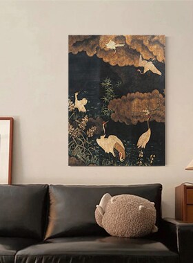 仙鹤 法式中古风挂画复古客厅沙发背景墙装饰画中式玄关卧室壁画