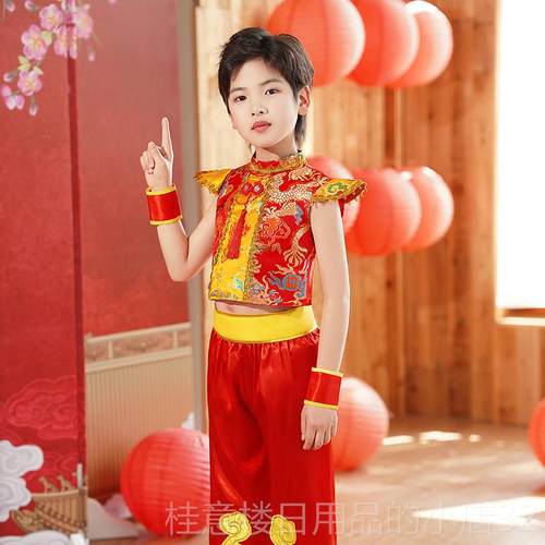 正品儿童说唱中国红色秧节日蹈风格击鼓儿歌服装和女幼孩太平鼓民 - 图2