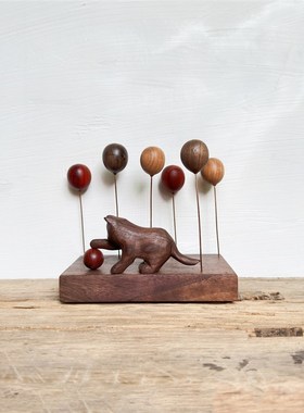 木雕猫咪元素木制工艺品创意礼品玄关装饰桌面车载原木风木质摆件