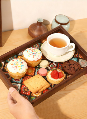 波西米亚风复古木茶盘多功能首饰收纳托盘长方形茶具酒杯展示摆件