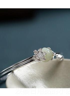 正品沉香如屑步离镯不离25银翠镶和田玉石翡复中式汉服旗袍古手镯