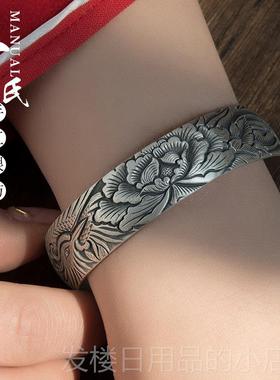 正品寸银坊云手工制作覆古做南旧足银浮雕宽面牡实心凤穿匠丹手镯