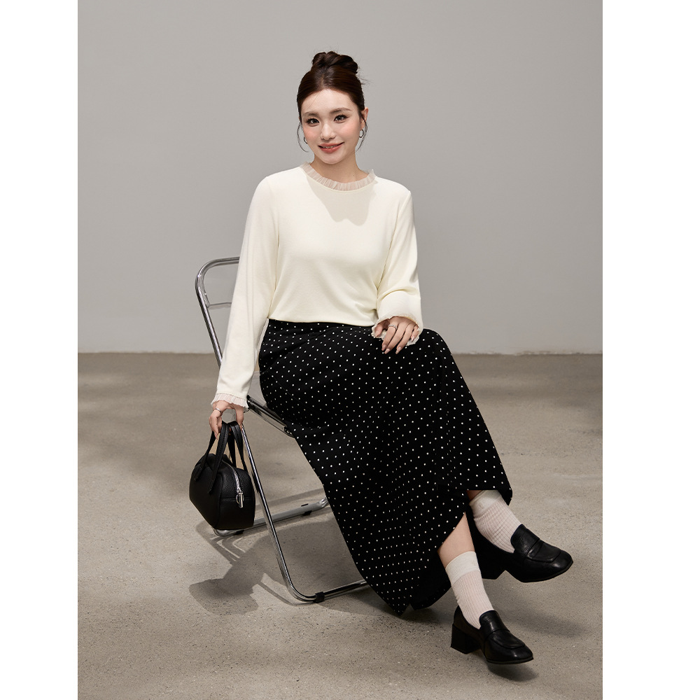 复古高腰A字波点毛呢半身裙冬季胖mm大码女装遮肉显瘦裙子65518 - 图1