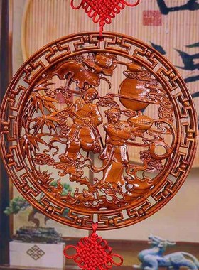 肥城桃木和合二仙摆件实木挂件客厅卧室雕刻镂空木制单面木质办公