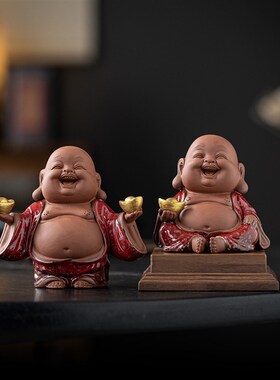 陶瓷招财欢喜弥勒笑佛小摆件办公室桌面博古架装饰品茶室茶台摆设