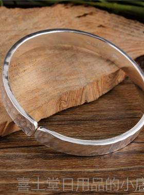 高档足锤纹纯银手工敲打定制精致锤子99纯银男女情侣银9款手镯磨