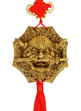 铜狮咬剑挂件八卦八角狮铜狮子头挂牌铜兽首门口挂饰