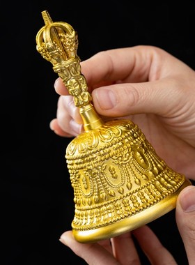 纯黄铜手摇铃铛五股金刚铃尼泊尔铜铃铛法器复古老式加厚旧藏铜铃