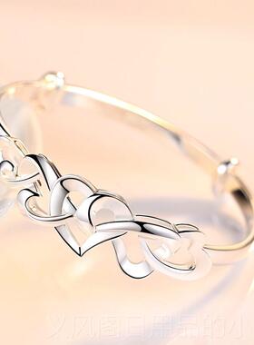 正品99纯银手约镯女学生子清新简足银饰品心相印森系9银镯送女友