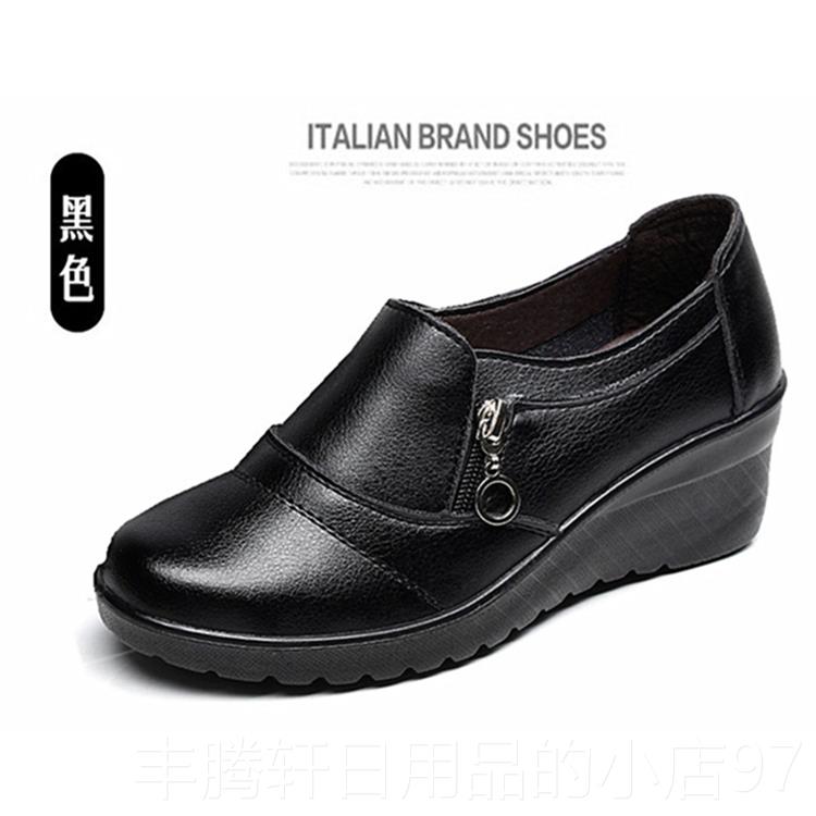Authentic slope leather shoes with medium thick heel, round toe, soft sole, non-slip mom shoes for middle-aged and elderly women, comfortable heel shoes