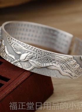 高档莲花心经纯银镯99足银女男手款开口复古宽版个9性银镯子银制