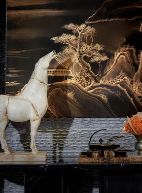 中式复古风度假村酒店大堂展示台马头雕塑摆件高级感软装陈列设计