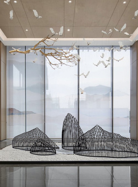 由居酒店售楼处大堂镂空铁艺假山干景庭院水池楼梯橱窗装饰品摆件