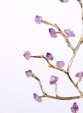 轻奢天然水石铜枝家居摆件大理石座客厅晶桌紫KQG面底酒柜玄关装