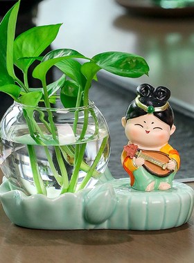 唐仕客厅工位插花透明玻璃器皿水养绿萝水培花瓶办公桌面装饰摆件