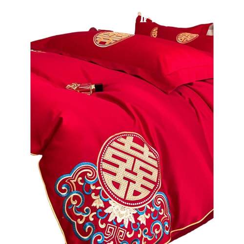 端结纯棉四ltao7409件套婚庆大红色全床棉被套床单笠新婚婚高嫁床 - 图3