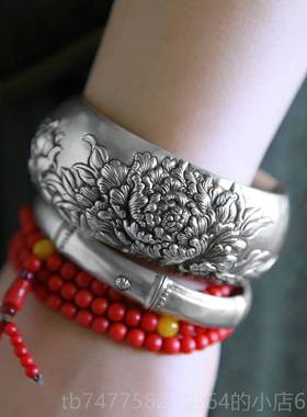 正品计喜9月手工纯银饰品原创设定制雕复浮古9足纯银宽手镯牡丹女