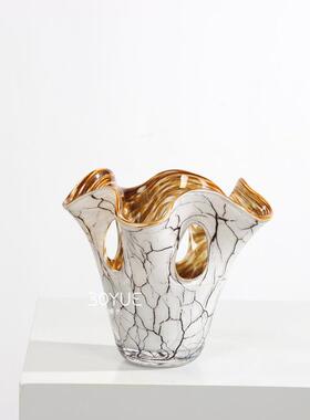 现里代简约白裂纹餐内黄色镂空玻璃JQM花瓶样色板房客厅厅花艺软