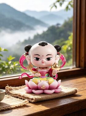 中式高颜值莲花树脂摆件房间中控台桌面装饰善财童子造型工艺礼品