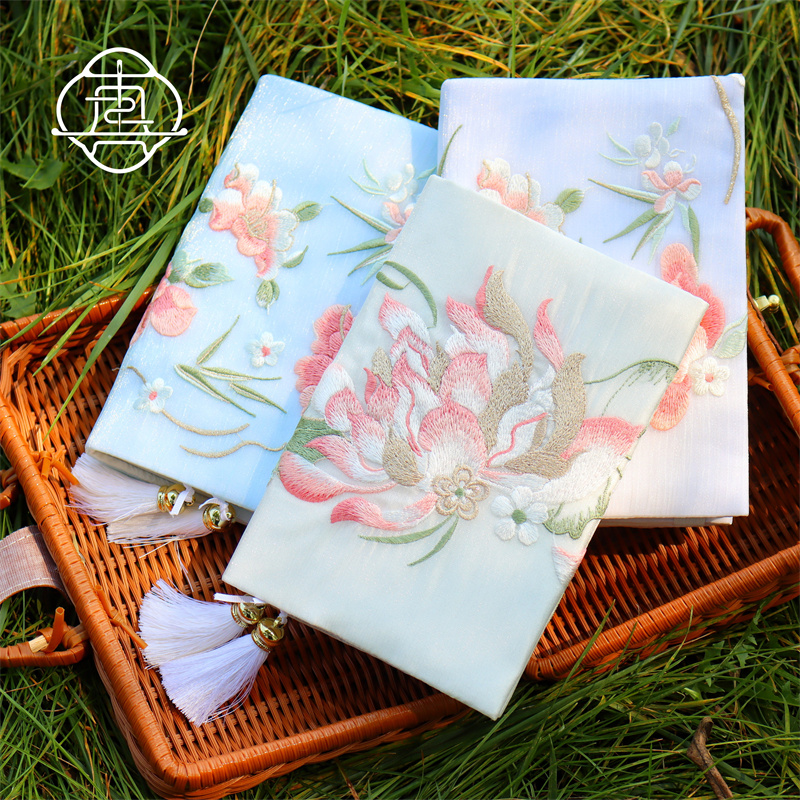 真我 芍药荷花 中式刺绣手工布书衣套装A5A6手账本记事本封套文创 - 图2