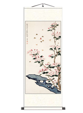 花鸟画喜上眉梢丝绸挂画玄关装饰画客厅酒店壁画兰花桃花小鸟名家