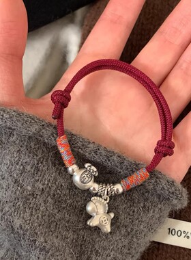 足银999 招财小马红绳手链编织马年本命年礼物手串女款高级感银饰