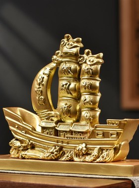 金色一帆风顺帆船木雕摆件实木家用船舱可放东西小船模型纯木制