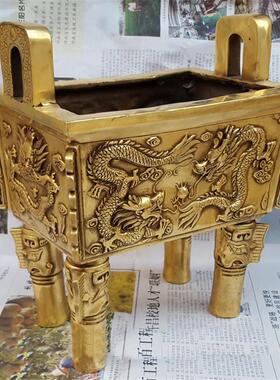 黄铜鼎双龙仿古大方鼎 黄铜四足鼎摆件香炉工艺品