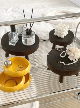 TJJ丨复古做旧小板凳绿植盆栽增高架高脚迷你实木圆形置物花盆架