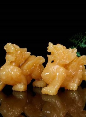 天然米黄玉貔貅摆件一对飞天貔貅大号玉石精品雕刻玄关店铺装饰品