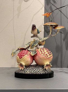 多子多福石榴摆件客厅玄关婚房装饰品珐琅彩中式家居铜工艺品高级