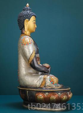 正品阿弥陀佛佛像泊黄铜尼工古色鎏金鎏尔银密宗佛台供手奉摆件三