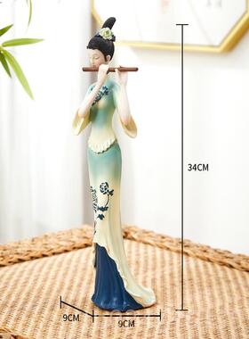 新款中式国潮摆件青绿轻件奢装饰品青客绿长笛仕女摆中式古典仕女