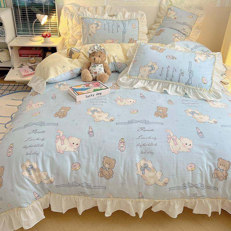 奶油纯件棉床四件套全棉上床品风qc-rl120女生花边被套床单人学生,淘宝优惠券,粉丝福利购,淘宝优惠卷