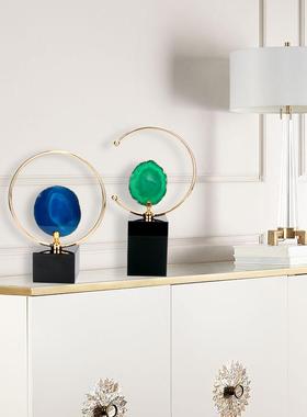 现W0213代视简约天然玛瑙石切片摆电镀铁件客厅玄光电柜家居艺装