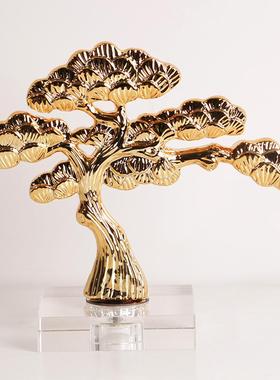 中式迎客松摆件酒店门厅玄关过道桌面工艺品金属松树雕塑软装饰品