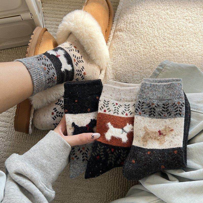 复古费尔岛小狗袜子女秋冬季中筒袜加厚款长袜可爱保暖睡眠袜,淘宝优惠券,粉丝福利购,淘宝优惠卷