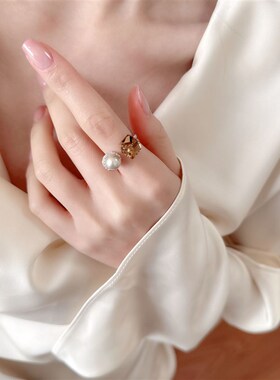 奢华个性创意中古戒指女镶水晶珍珠时尚立体可调节开口食指戒配饰