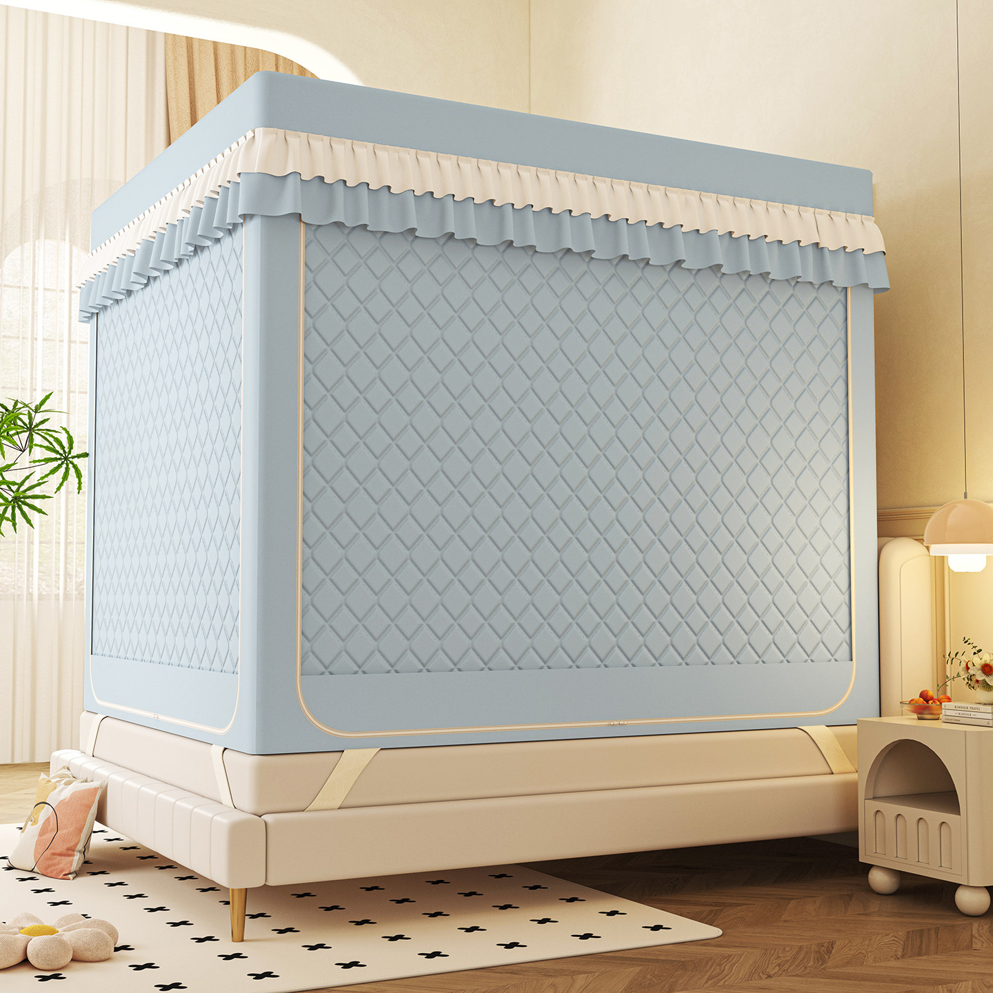 2025新款冬季保暖纯色夹棉遮光帘坐床蚊帐A类全底防摔防风1.8纹帐,淘宝优惠券,粉丝福利购,淘宝优惠卷