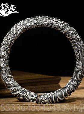 高档祥银居云南雪雕花 原创设银计穿云龙足银手镯法做旧高工浮古.