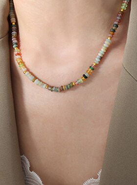 天然石多瑙河算盘珠虎眼石圆珠混搭串珠手工项链彩色个性甜妹饰品