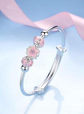 新款99银纯手镯年轻气质日韩简约时尚推珠拉女款圆樱花0银镯子送