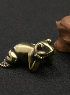 创意铜器仿古玩黄铜青蛙茶宠复古小摆件实心古铜手把件金属工艺品